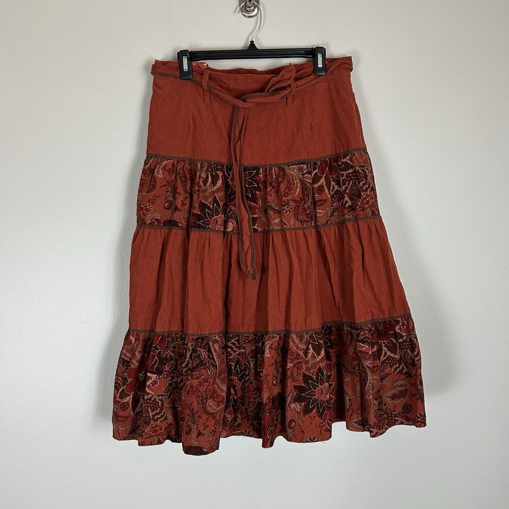 Orange Corduroy Maxi Skirt 12 L Paisley Tiered Peasant Fairy Grunge